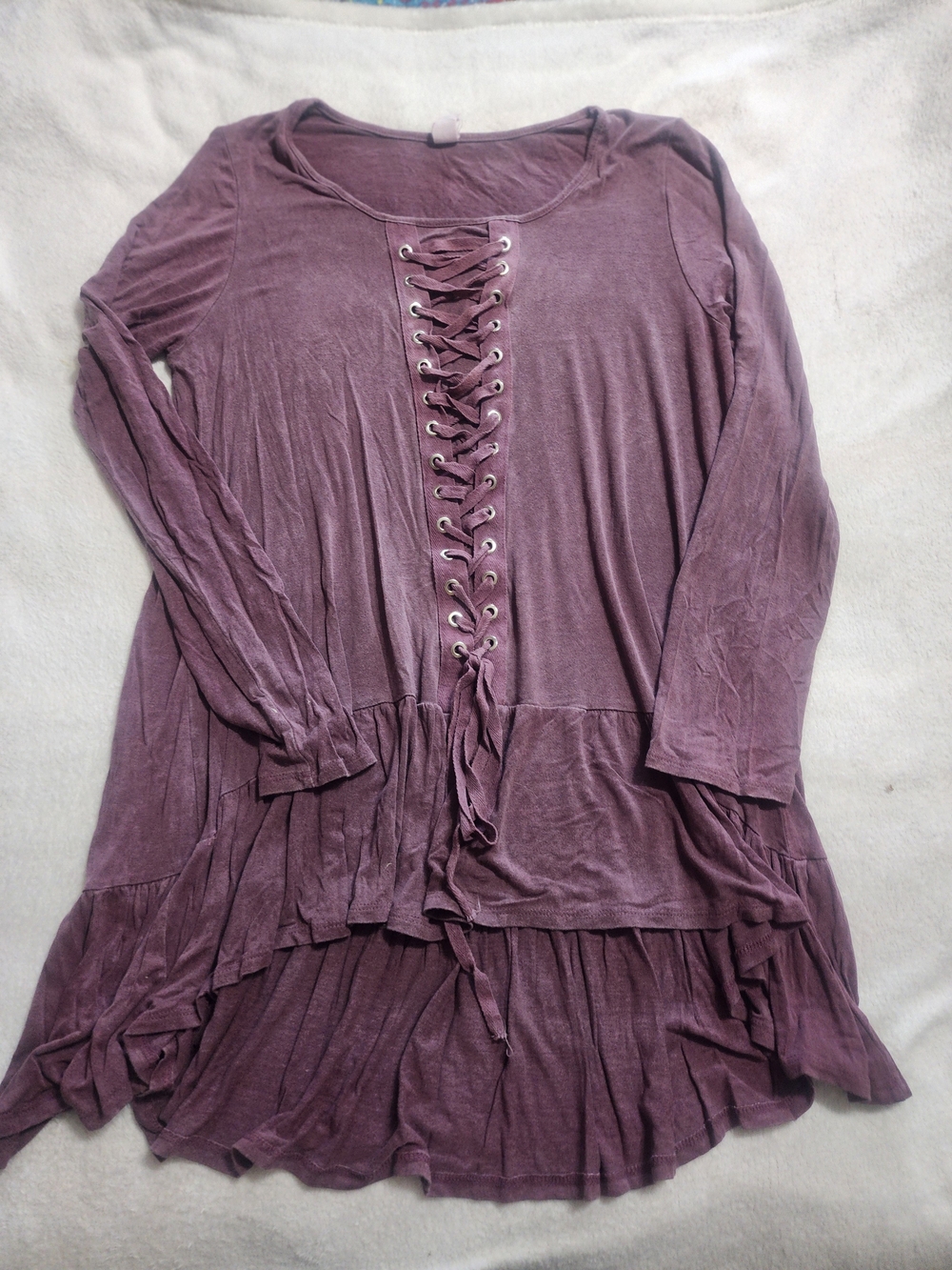 Boho Purple Lace Up Tunic Top Women's Size Large Ruffle Layered High Low Slouchy